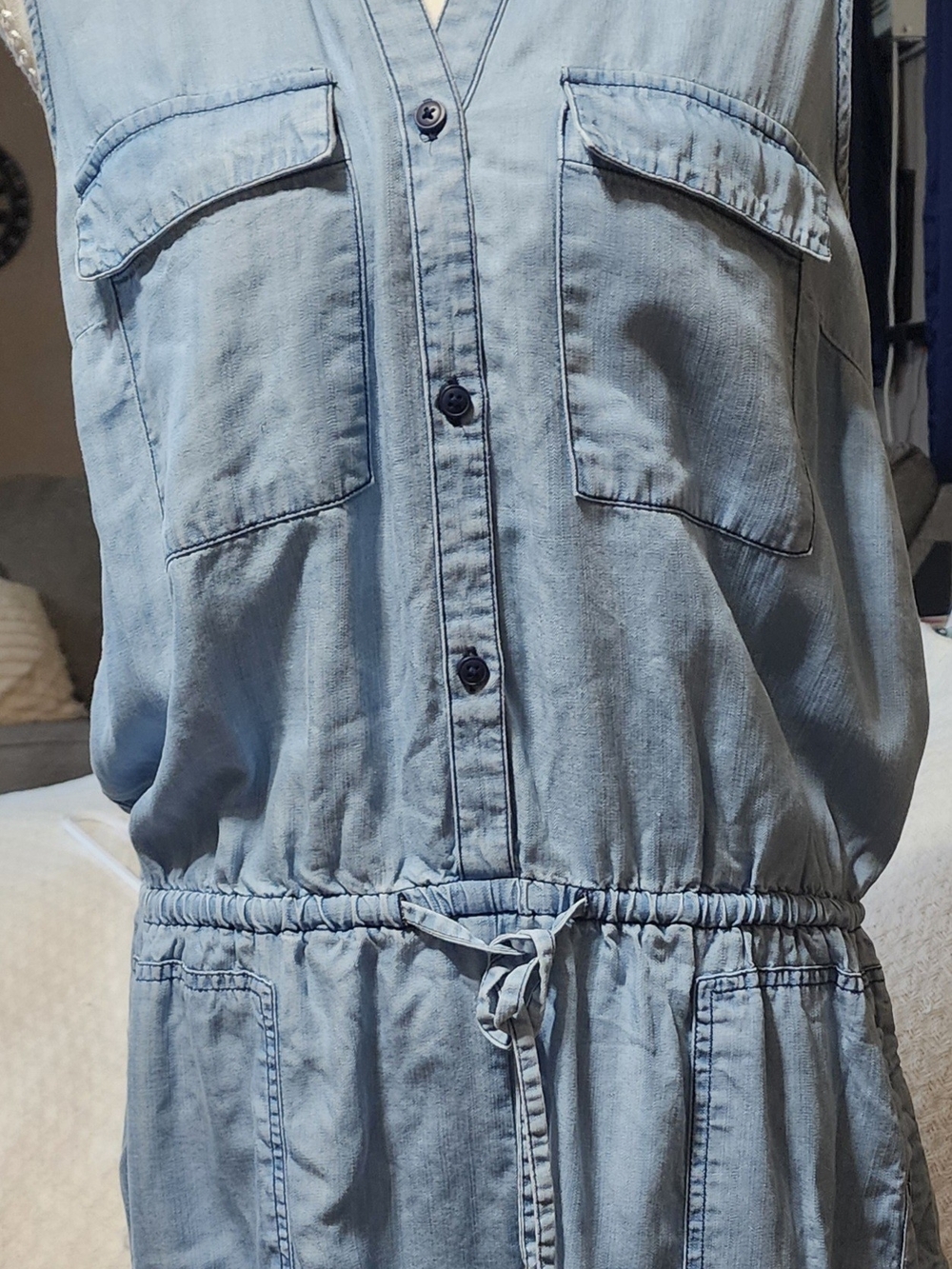 Light Blue Denim Sleeveless Utility Romper with Drawstring Waist